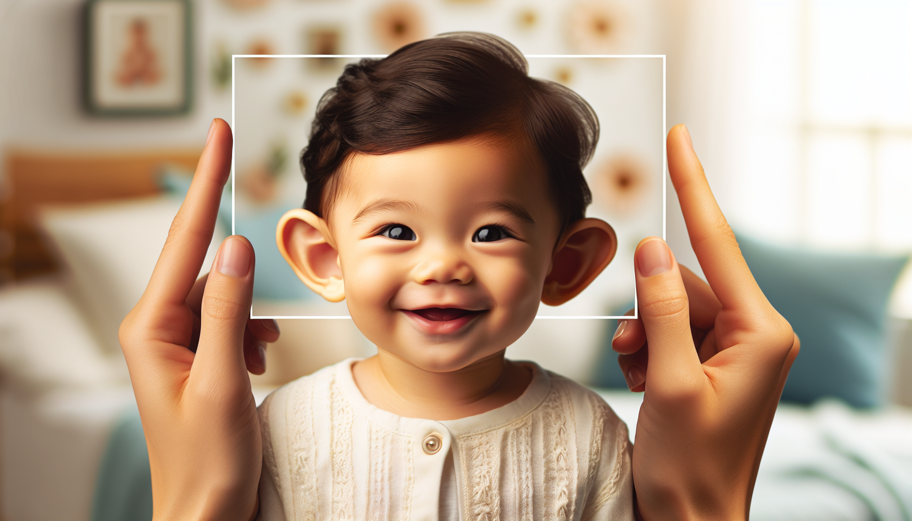 A close-up of a smiling infant with a gentle, curious expression, showcasing a variety of common ear deformities, such as prominent and folded ears, set against a warm, inviting background that evokes a sense of comfort and care.